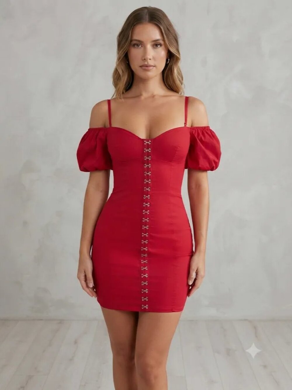 NWT Oh Polly Red Off-The-Shoulder Puff Sleeve Corset Mini Dress (UK 12 / USA 8)